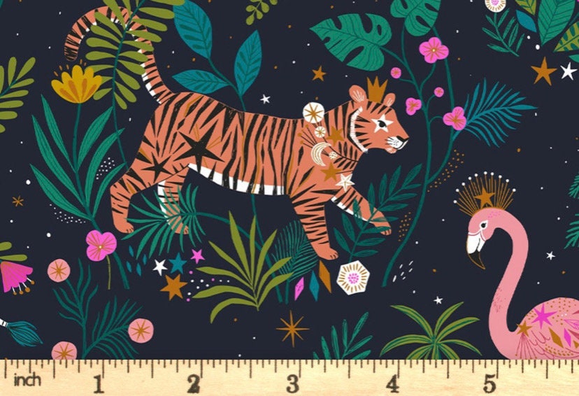 Dashwood Studio Jungle Luxe cotton fabric flamingo, tiger, zebra