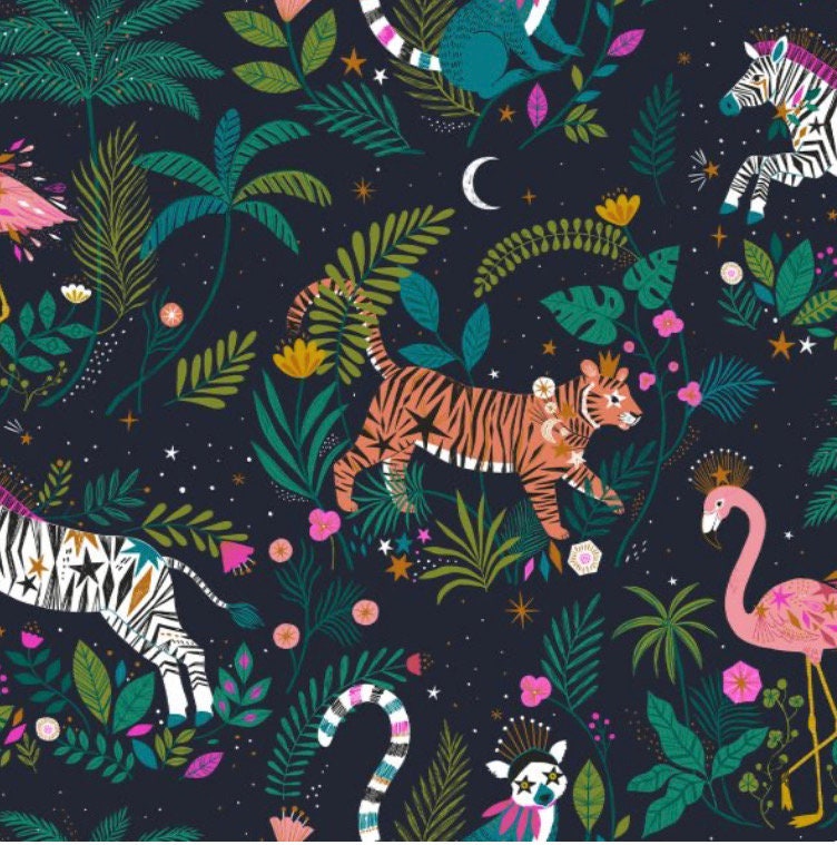Dashwood Studio Jungle Luxe cotton fabric flamingo, tiger, zebra