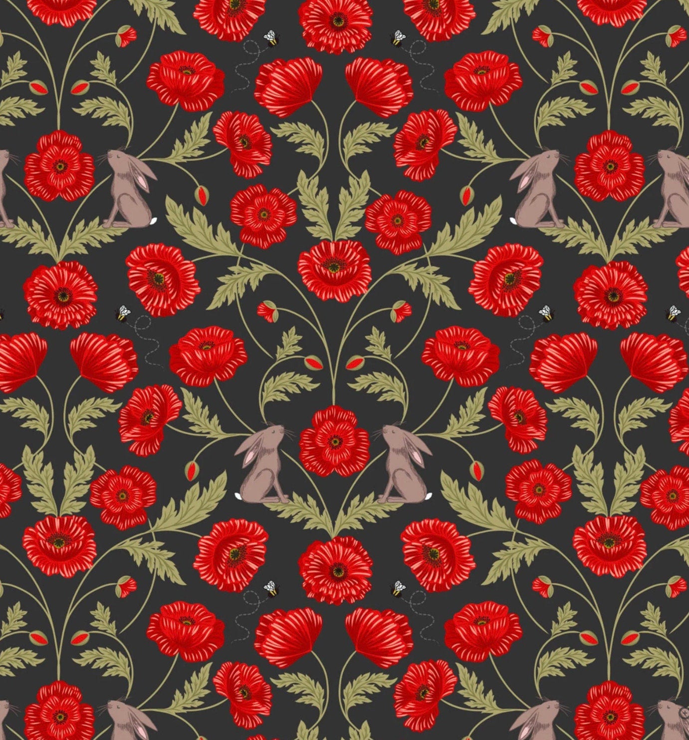100% cotton Poppies and Hares fabric by Lewis and Irene